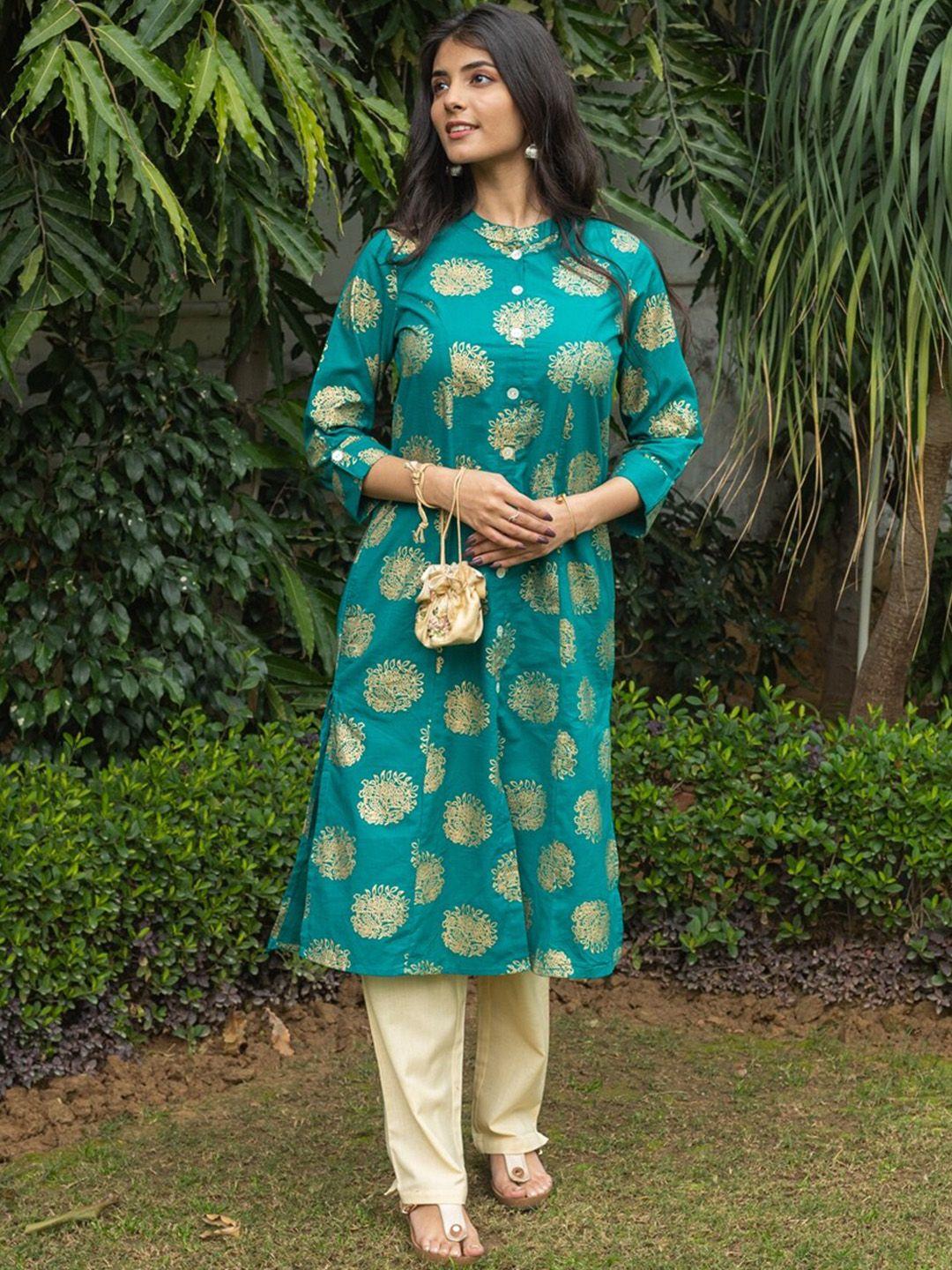 svarchi women green floral embroidered a-line kurta