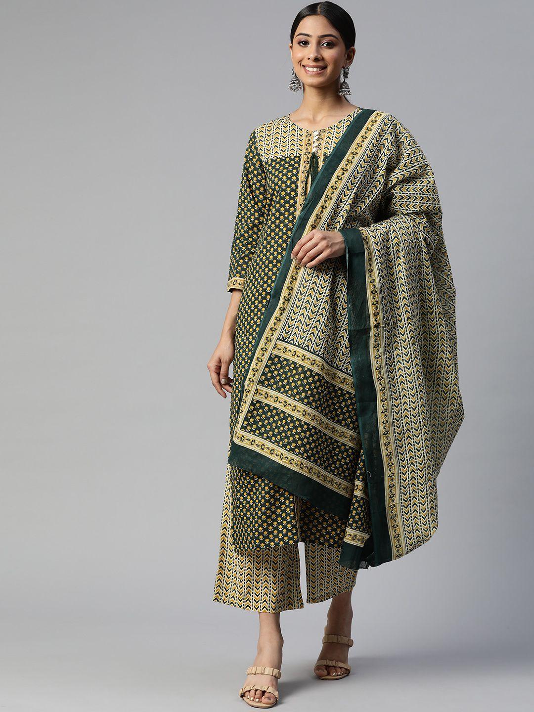 svarchi women green printed cotton kurta with palazzos & with dupatta
