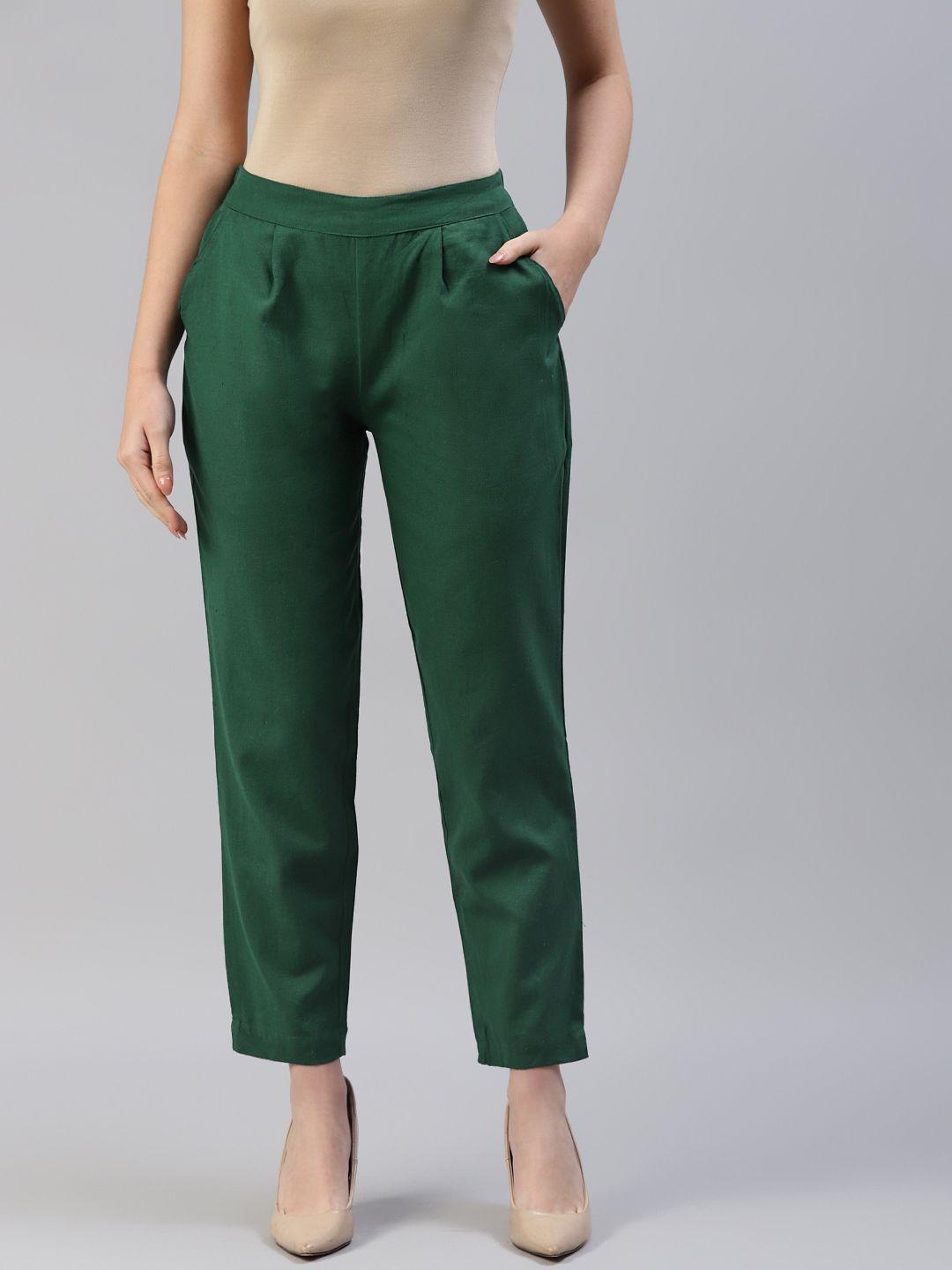 svarchi women green solid pleated trousers