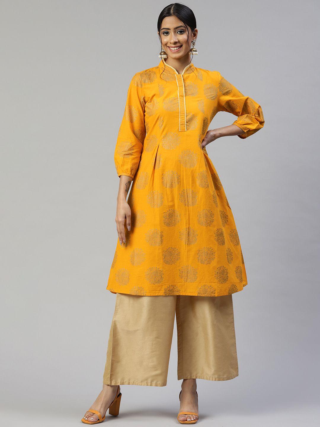 svarchi women mustard yellow & golden cotton ethnic motifs printed a-line kurta