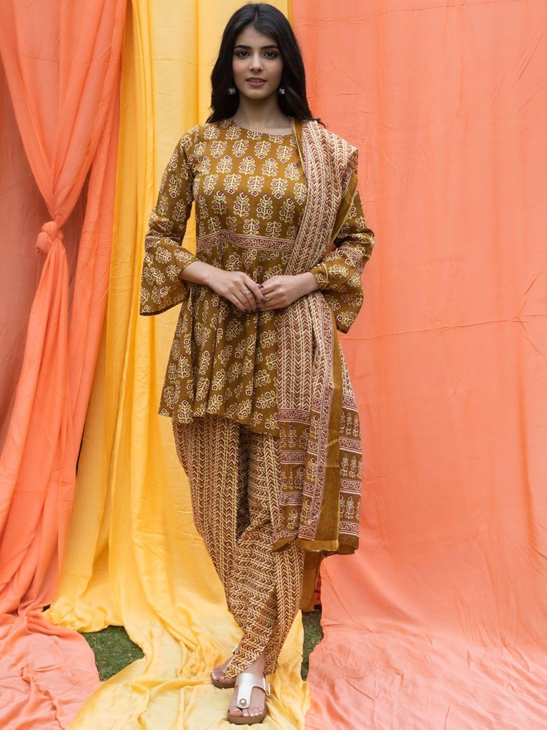 svarchi women mustard yellow ethnic motifs layered pure cotton kurta with salwar & with dupatta