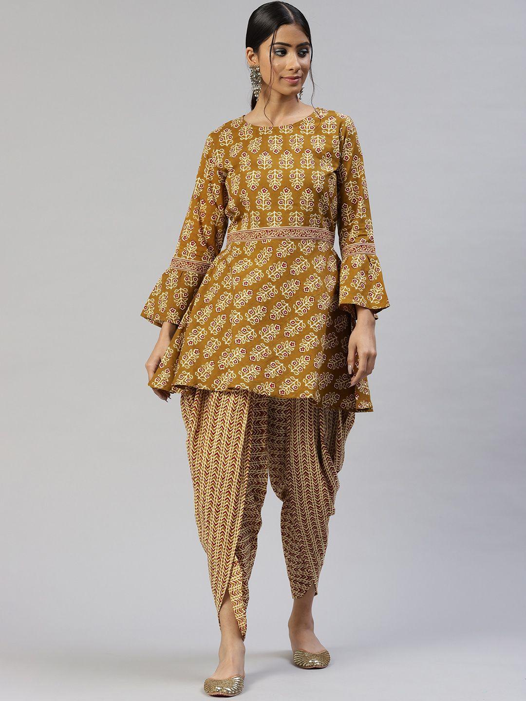 svarchi women mustard yellow pure cotton ethnic motifs printed kurta with dhoti pants