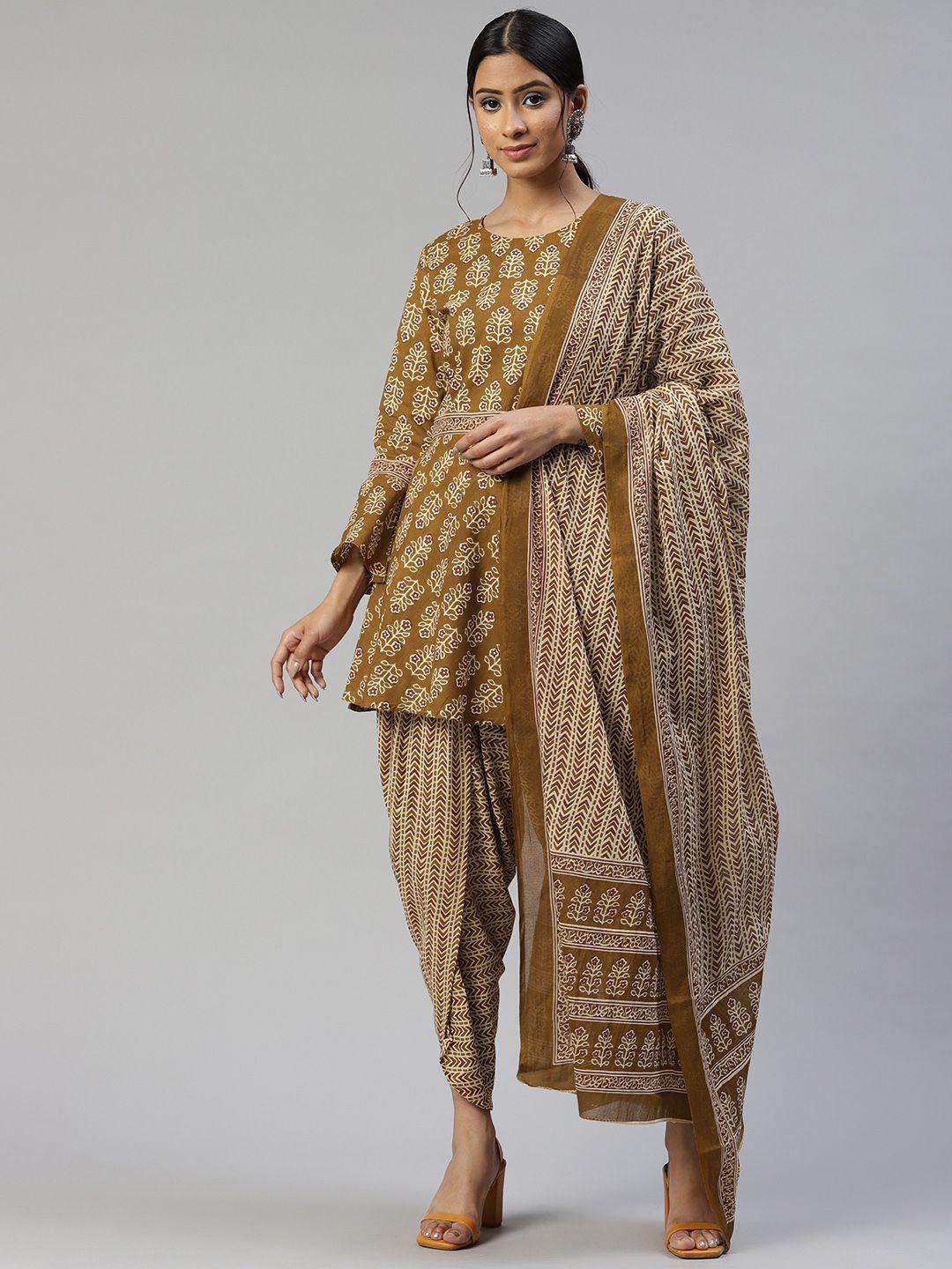 svarchi women mustard yellow pure cotton motifs printed kurta with dhoti pants & dupatta