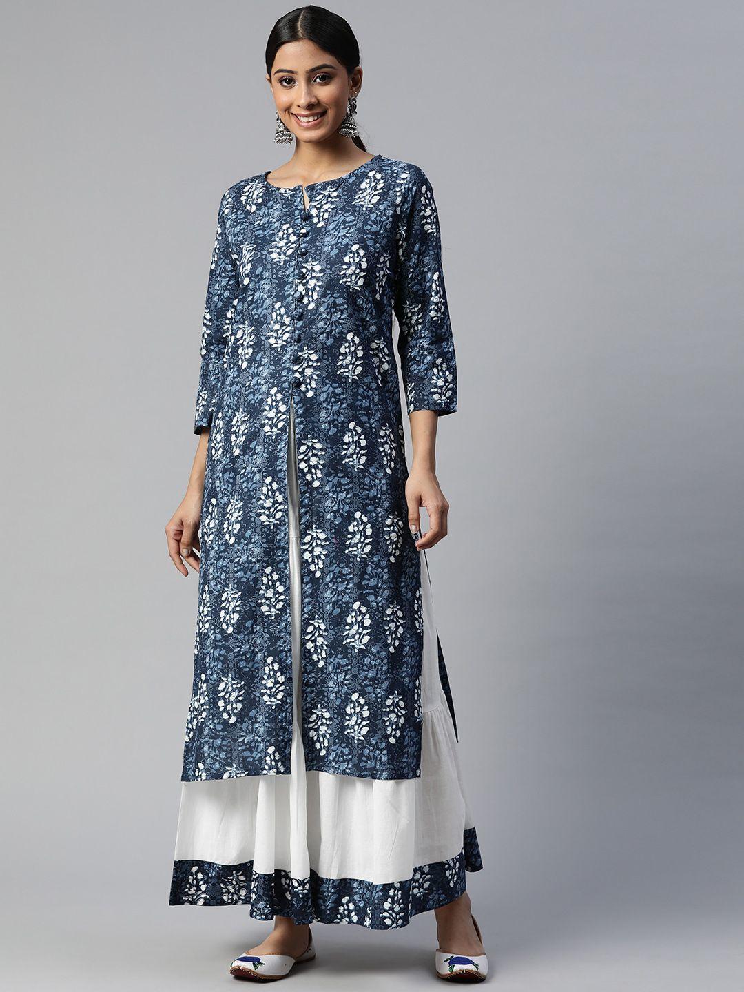 svarchi women navy blue ethnic motifs printed kurta with skirt