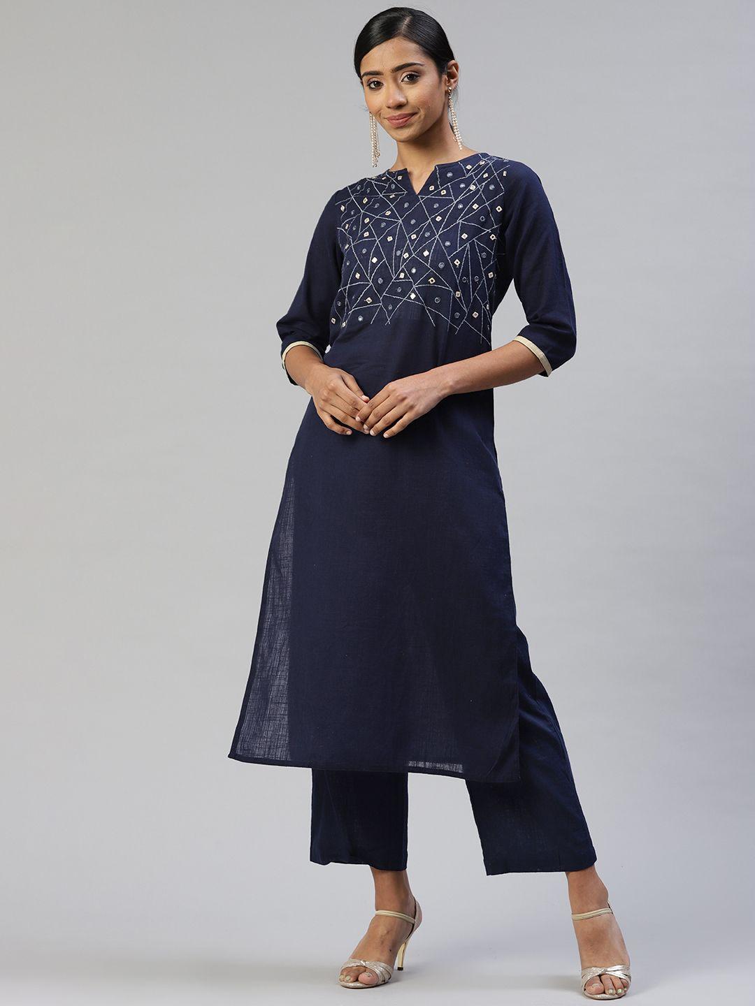 svarchi women navy blue pure cotton embroidered thread work kurta with palazzos