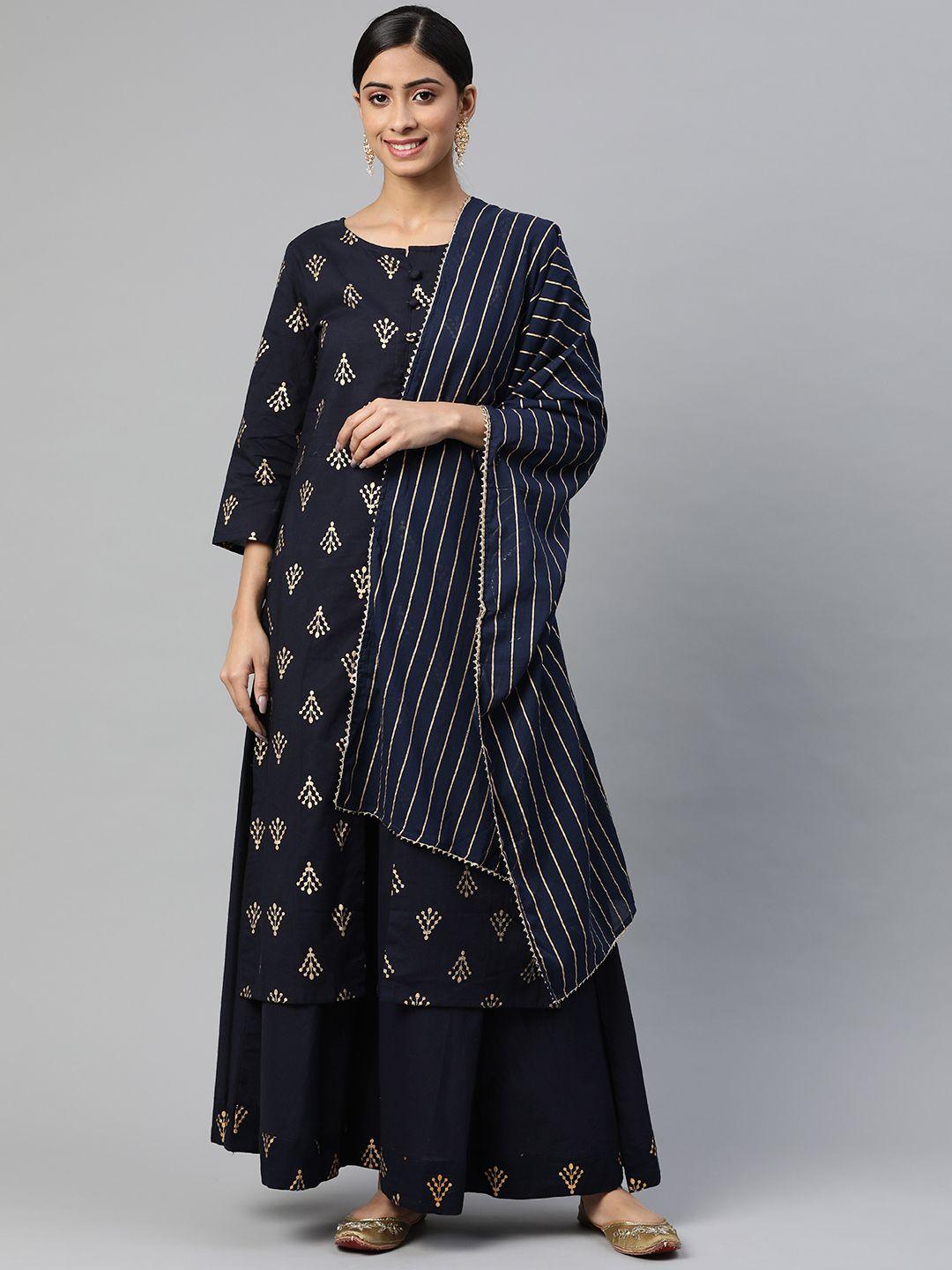 svarchi women navy blue pure cotton ethnic motifs printed kurta with skirt & with dupatta