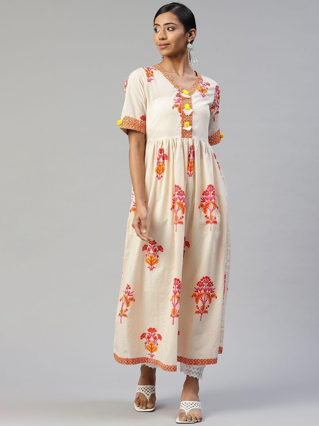 svarchi women off white & pink pure cotton ethnic motifs printed a-line kurta