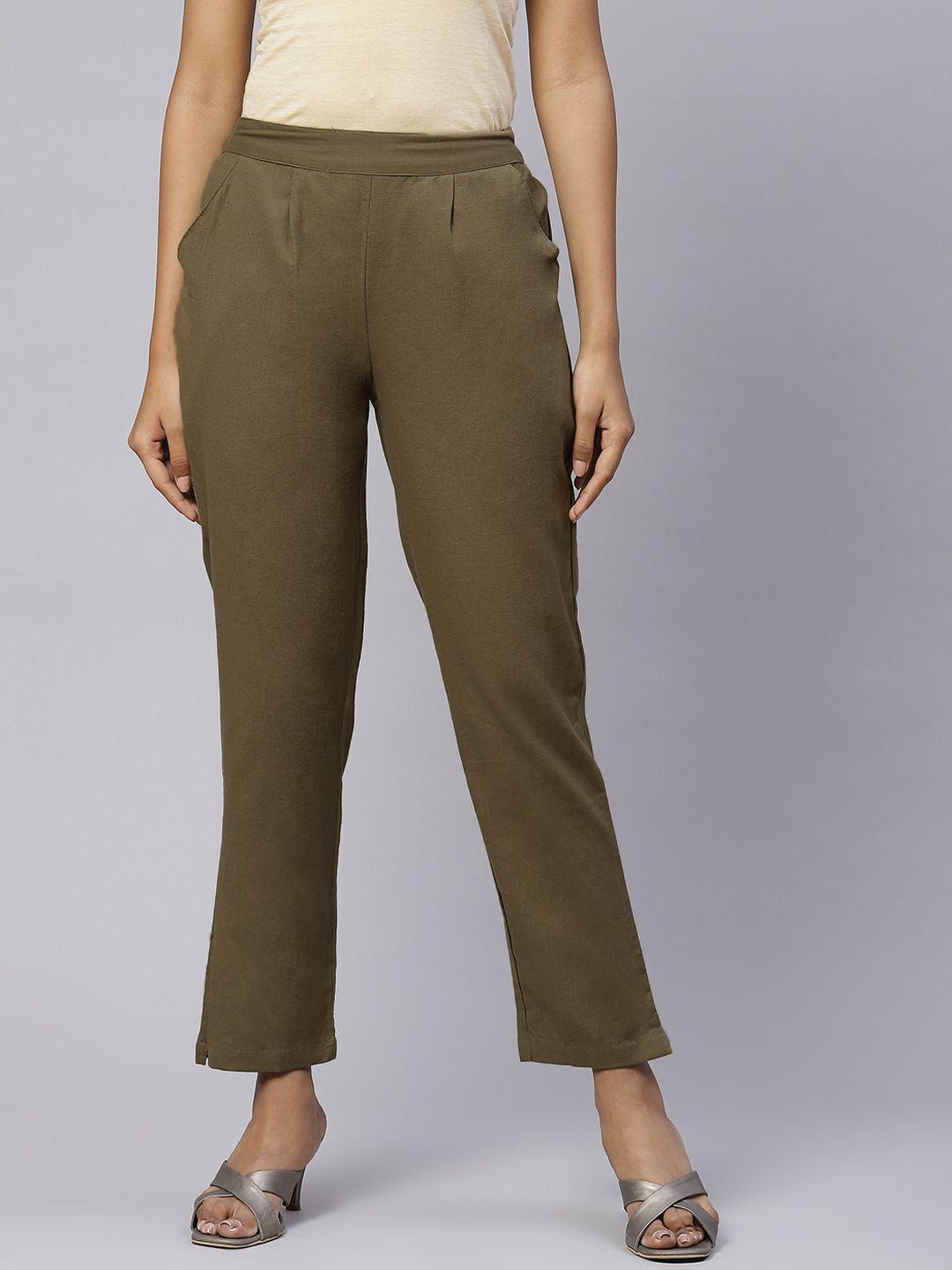 svarchi women olive green pure cotton relaxed easy wash pleated trousers