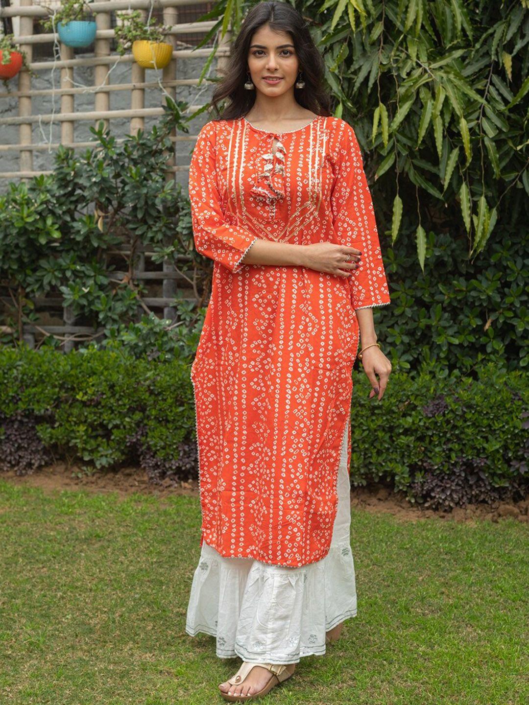 svarchi women orange & white ethnic motifs printed pure cotton kurta with palazzos