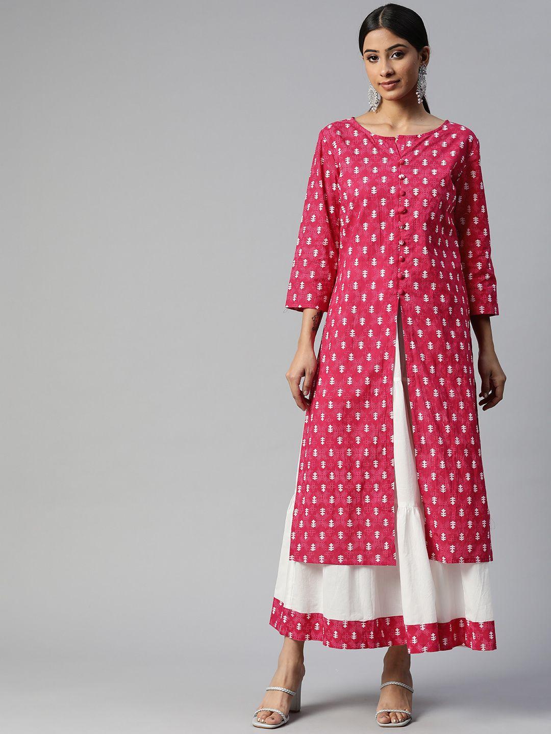 svarchi women pink & white ethnic motifs printed kurta with skirt