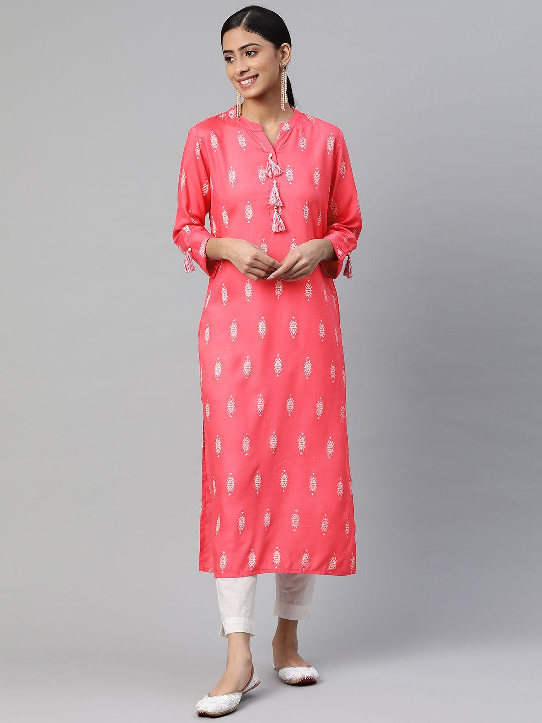 svarchi women pink & white geometric printed kurta