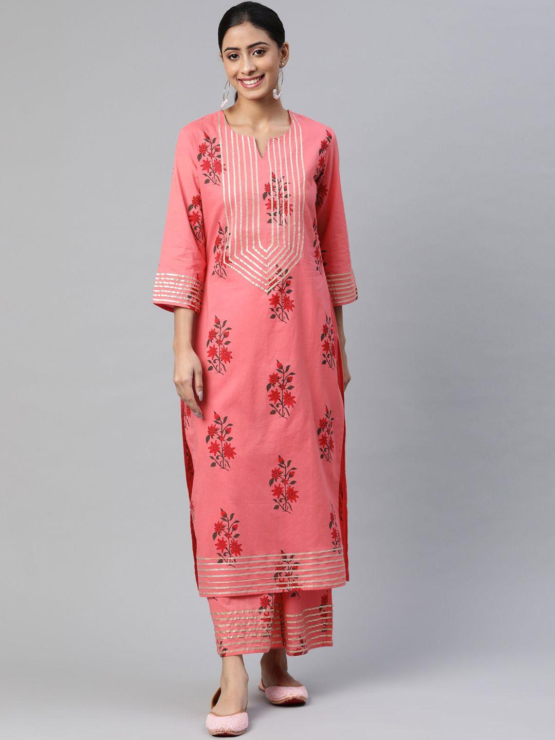 svarchi women pink ethnic motifs printed gotta patti pure cotton kurta with palazzos