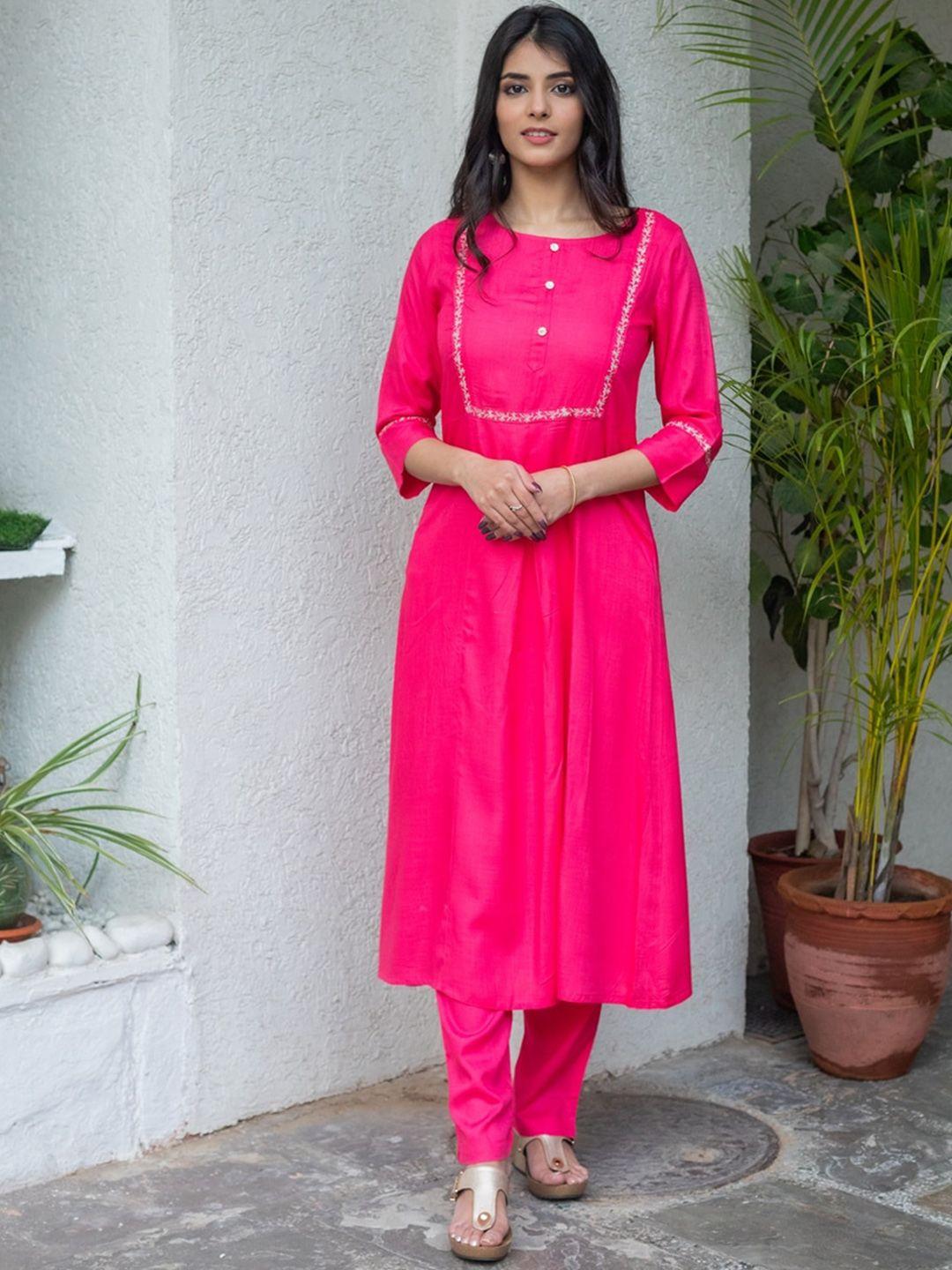 svarchi women pink floral embroidered kurta with churidar & with dupatta