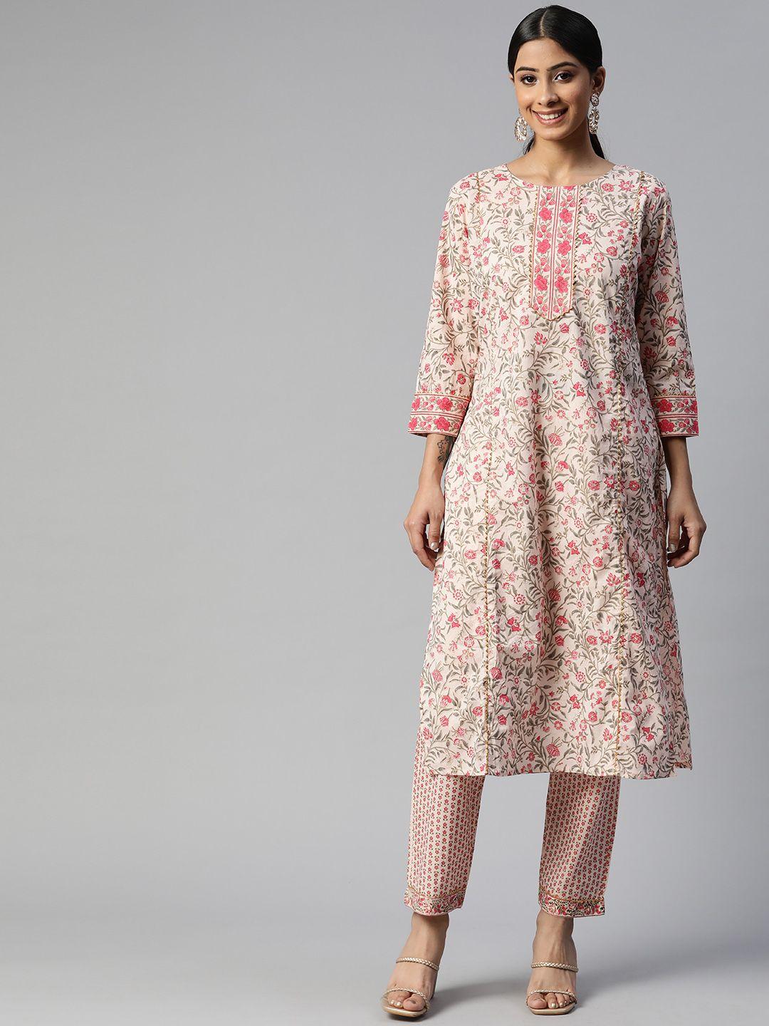 svarchi women pink floral printed pure cotton kurta with pyjamas & with dupatta