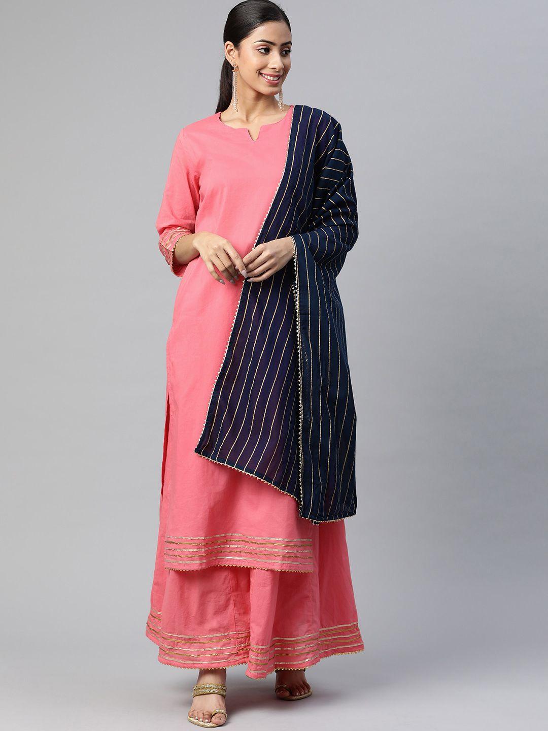 svarchi women pink gotta patti pure cotton kurta with palazzos & with dupatta