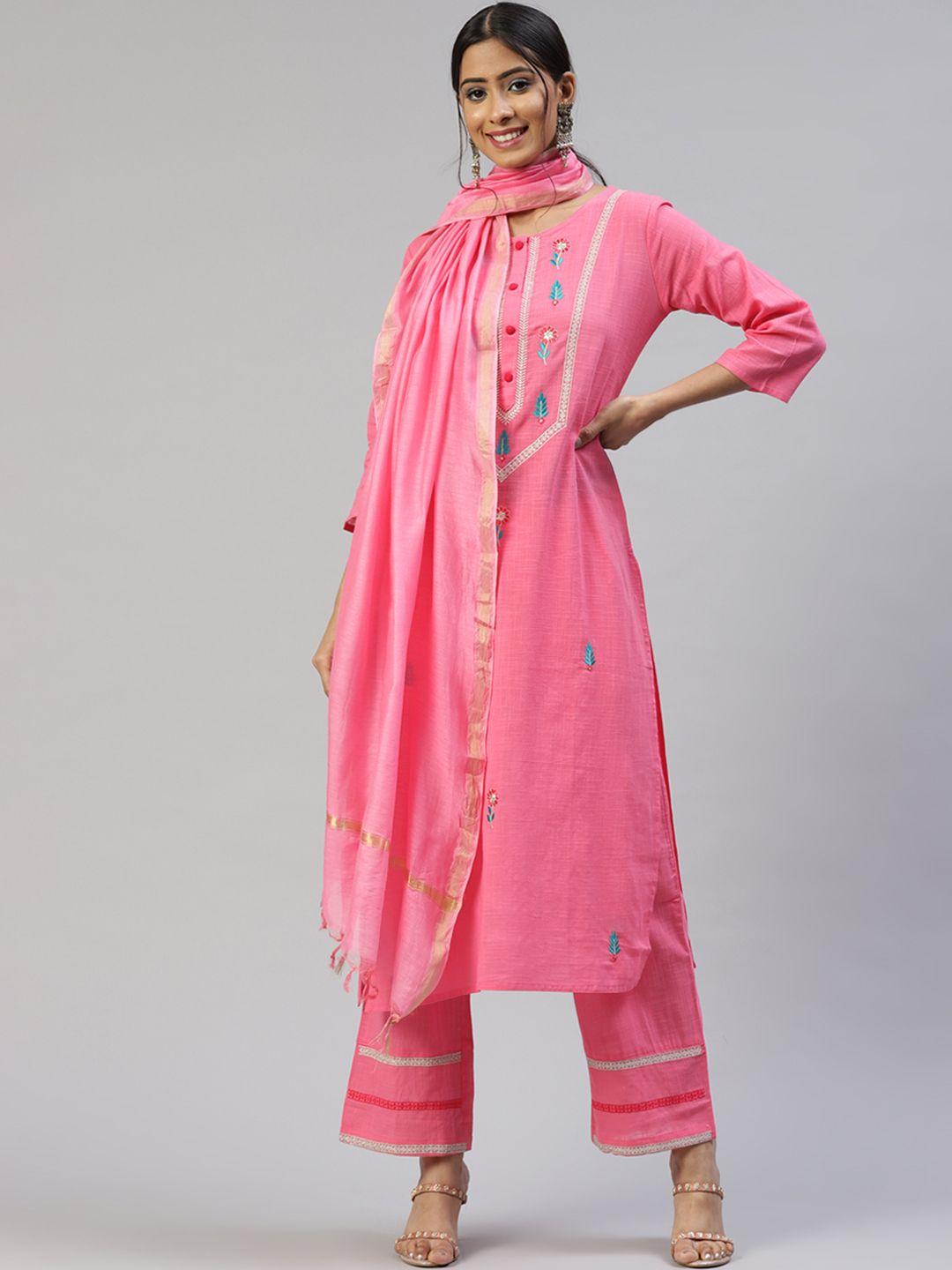 svarchi women pink pure cotton embroidered kurta with palazzos & dupatta
