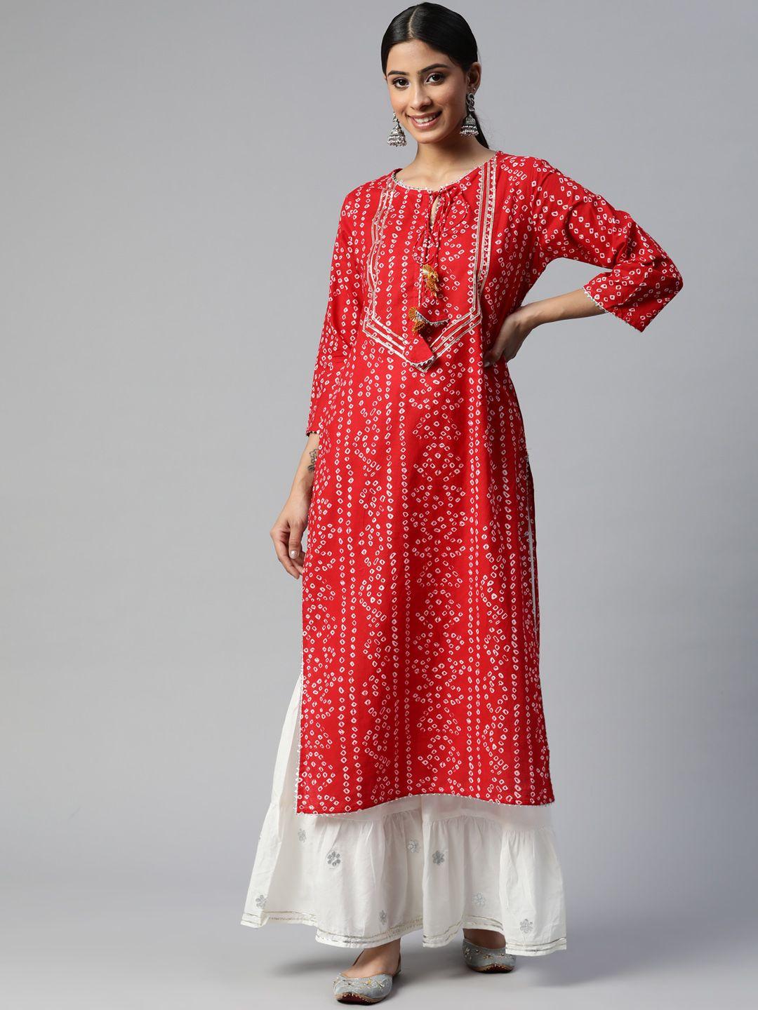 svarchi women red & white bandhani printed gotta patti kurta with sharara