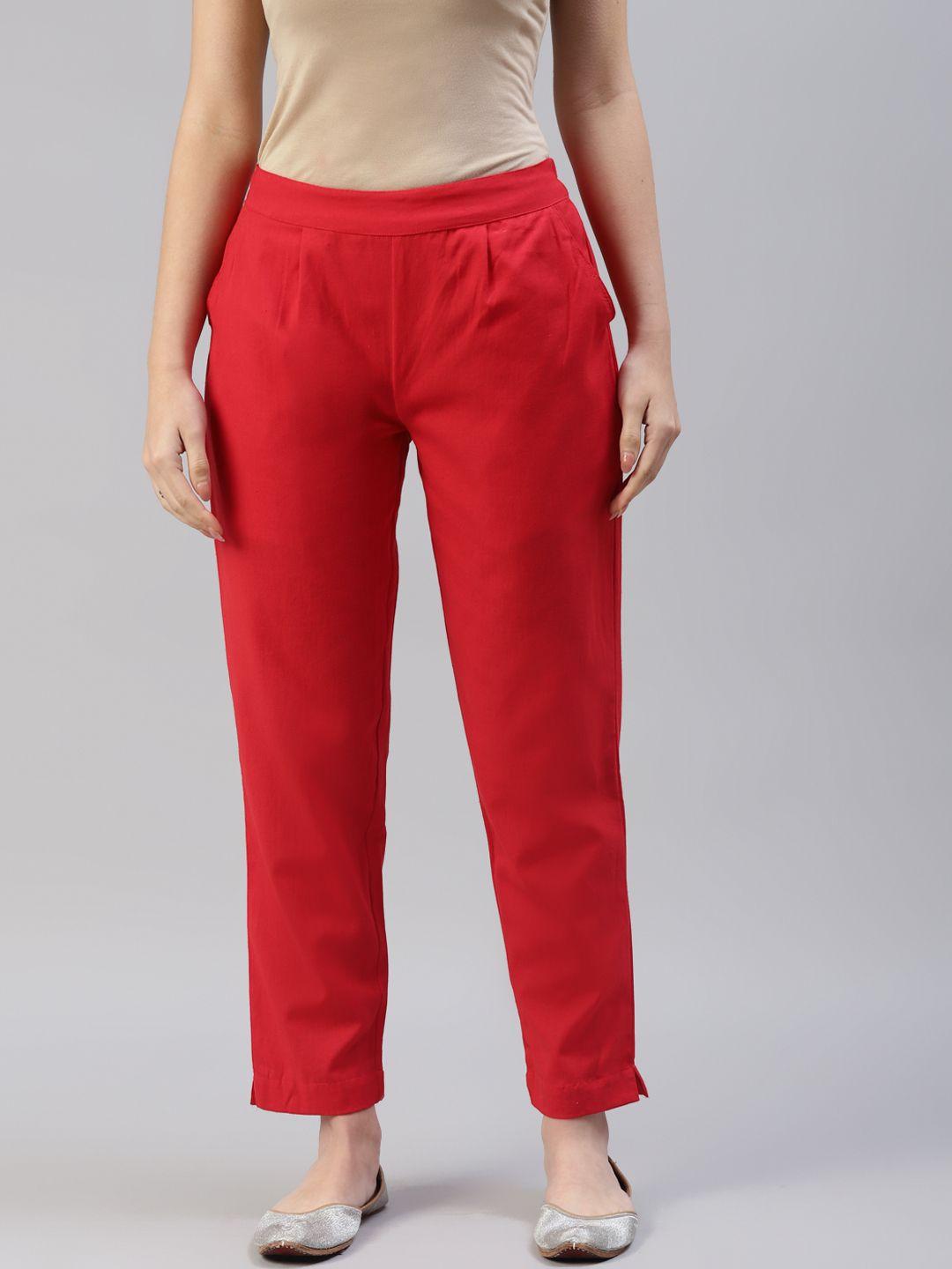 svarchi women red solid pleated trousers