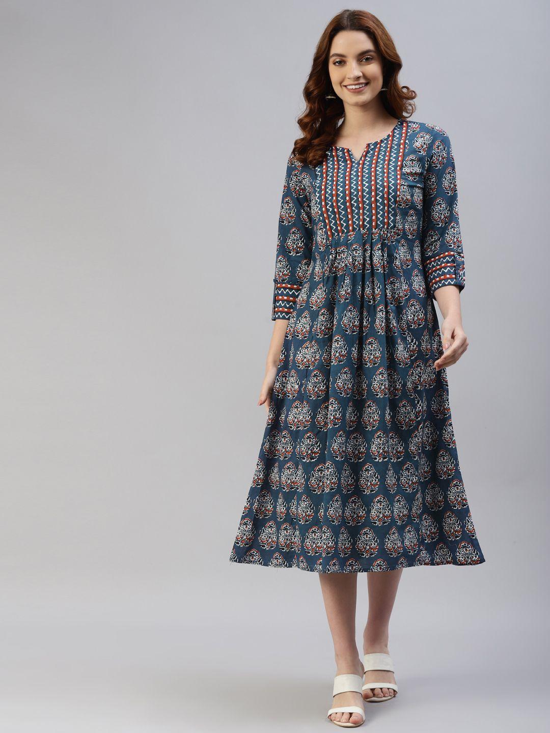 svarchi women teal blue & white ethnic motifs printed a-line midi dress