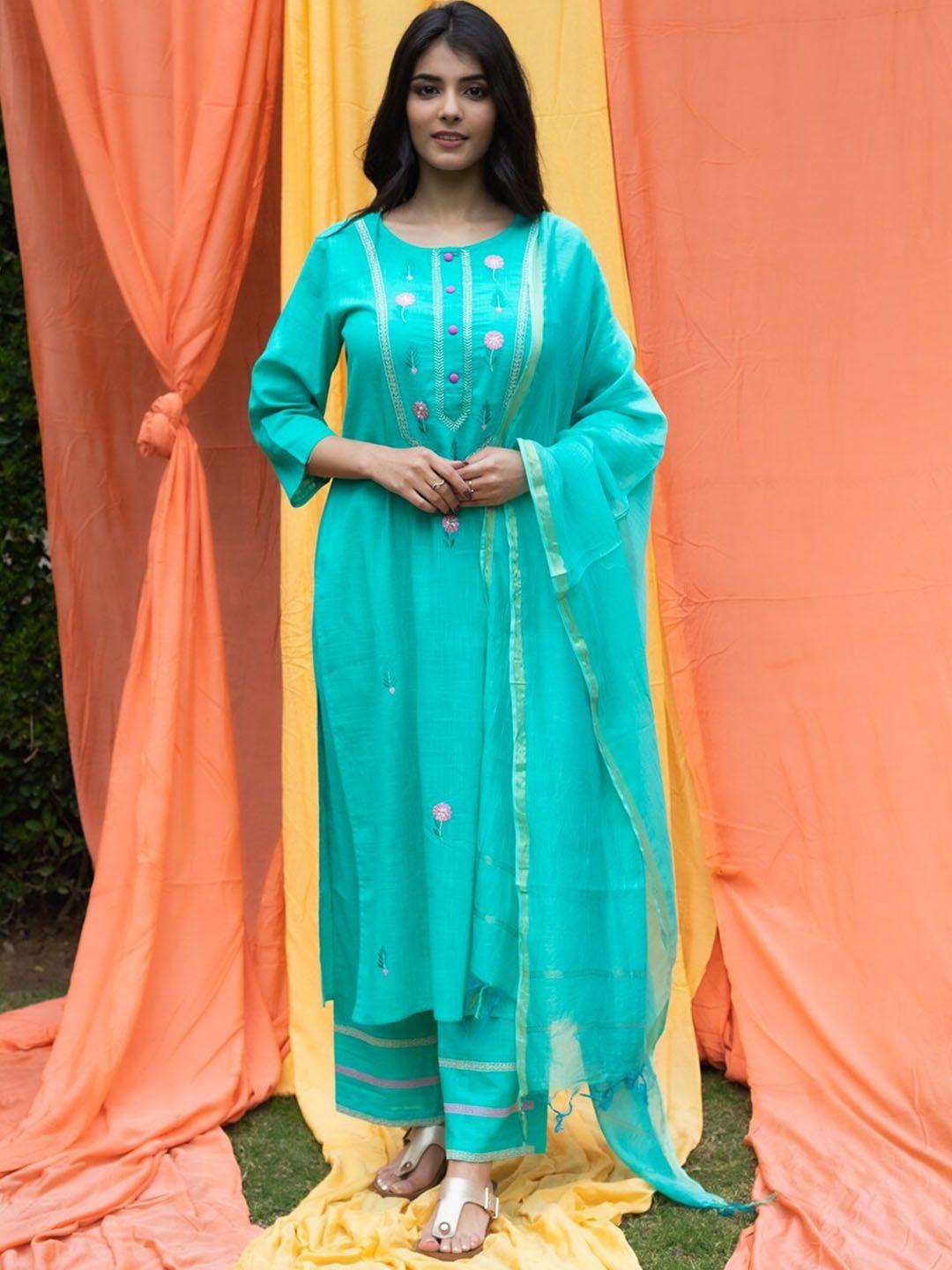 svarchi women turquoise blue floral yoke design pure cotton kurta with trousers & dupatta