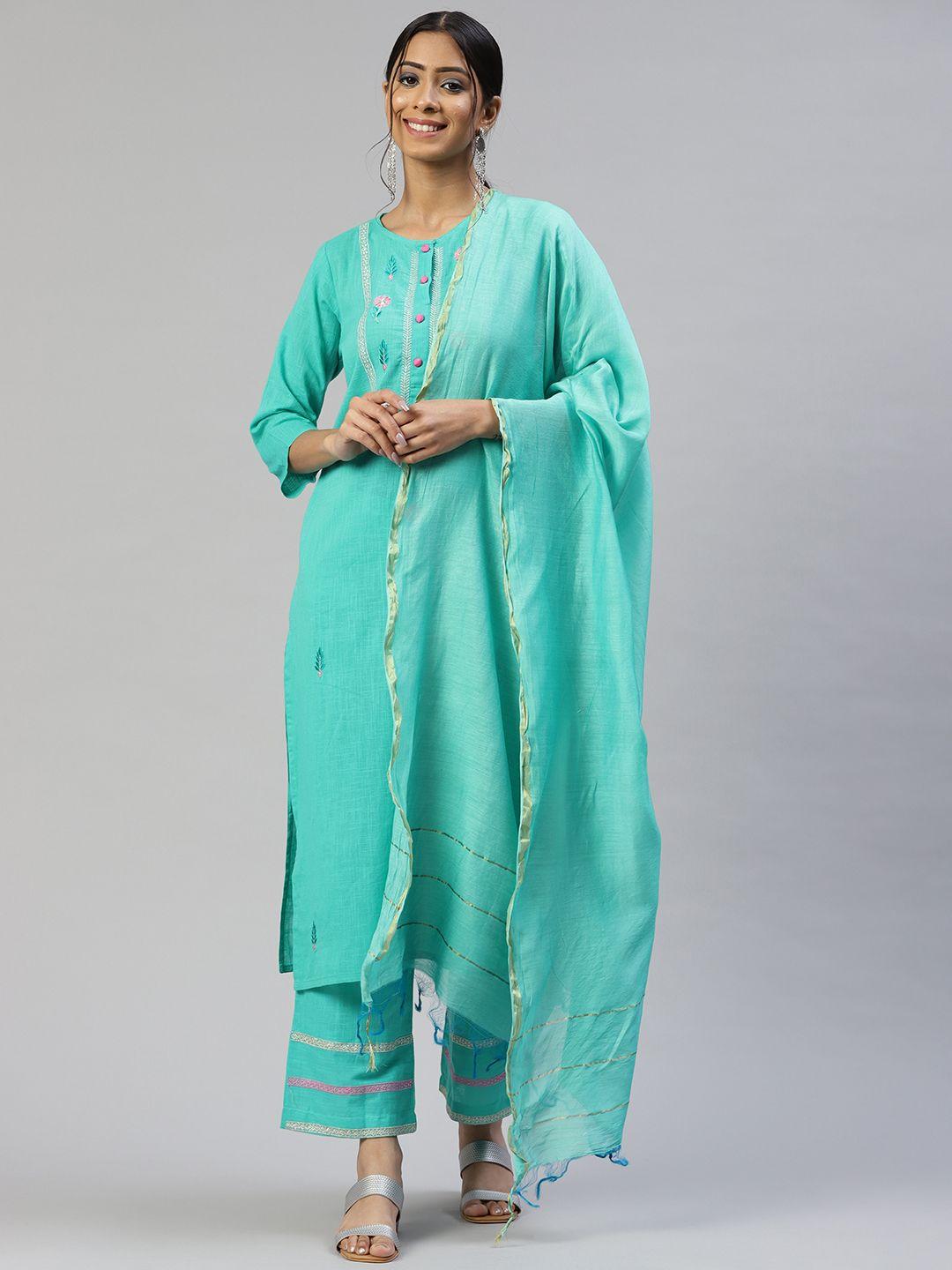 svarchi women turquoise blue pure cotton embroidered kurta with palazzos & dupatta