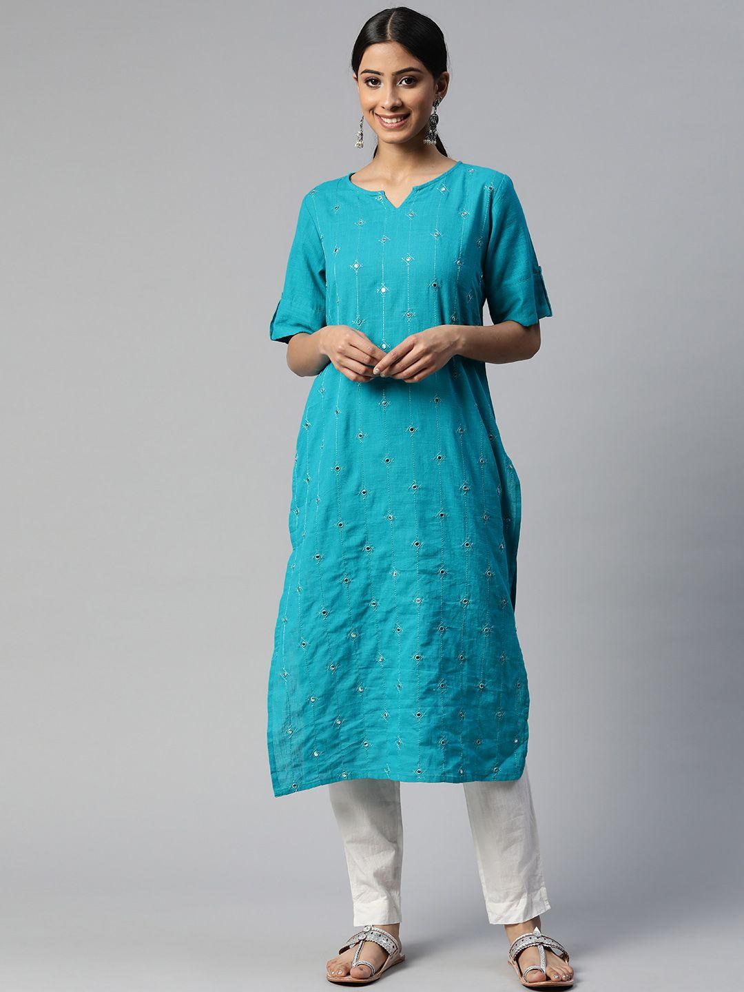 svarchi women turquoise blue pure cotton mirror embellished kurta