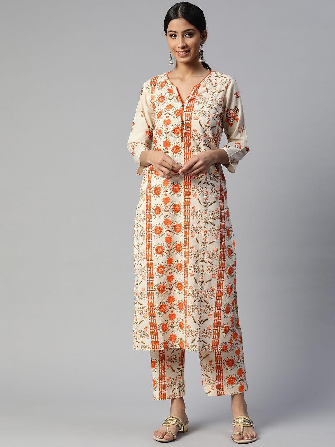 svarchi women white & orange ethnic motifs printed pure cotton kurta with palazzos