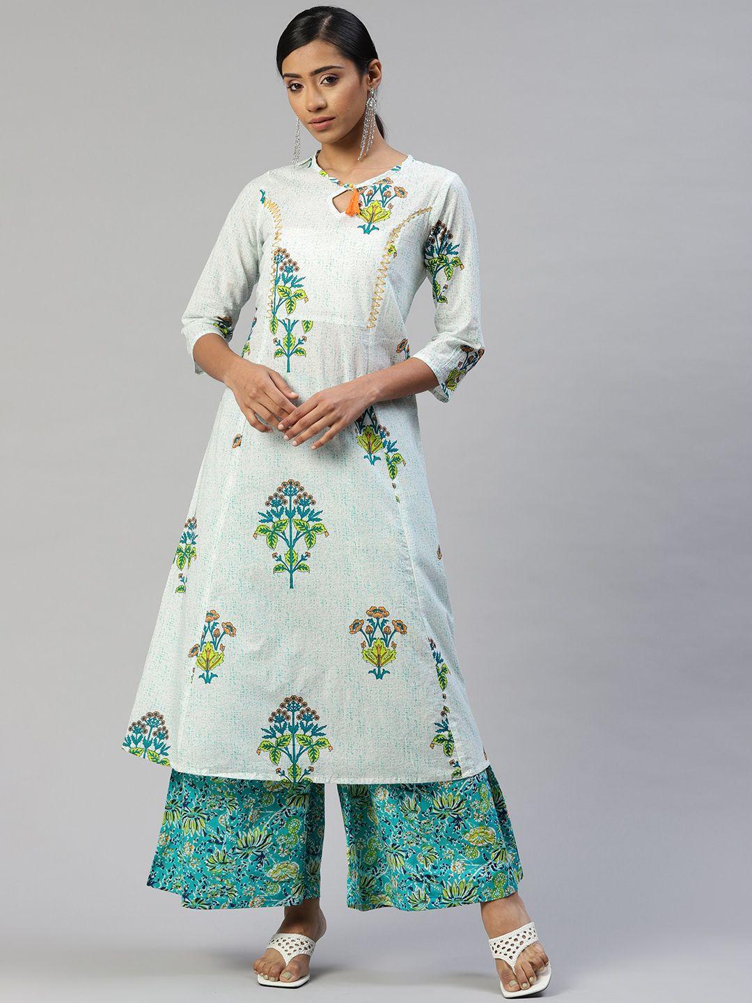svarchi women white pure cotton ethnic motifs printed kurta with palazzos