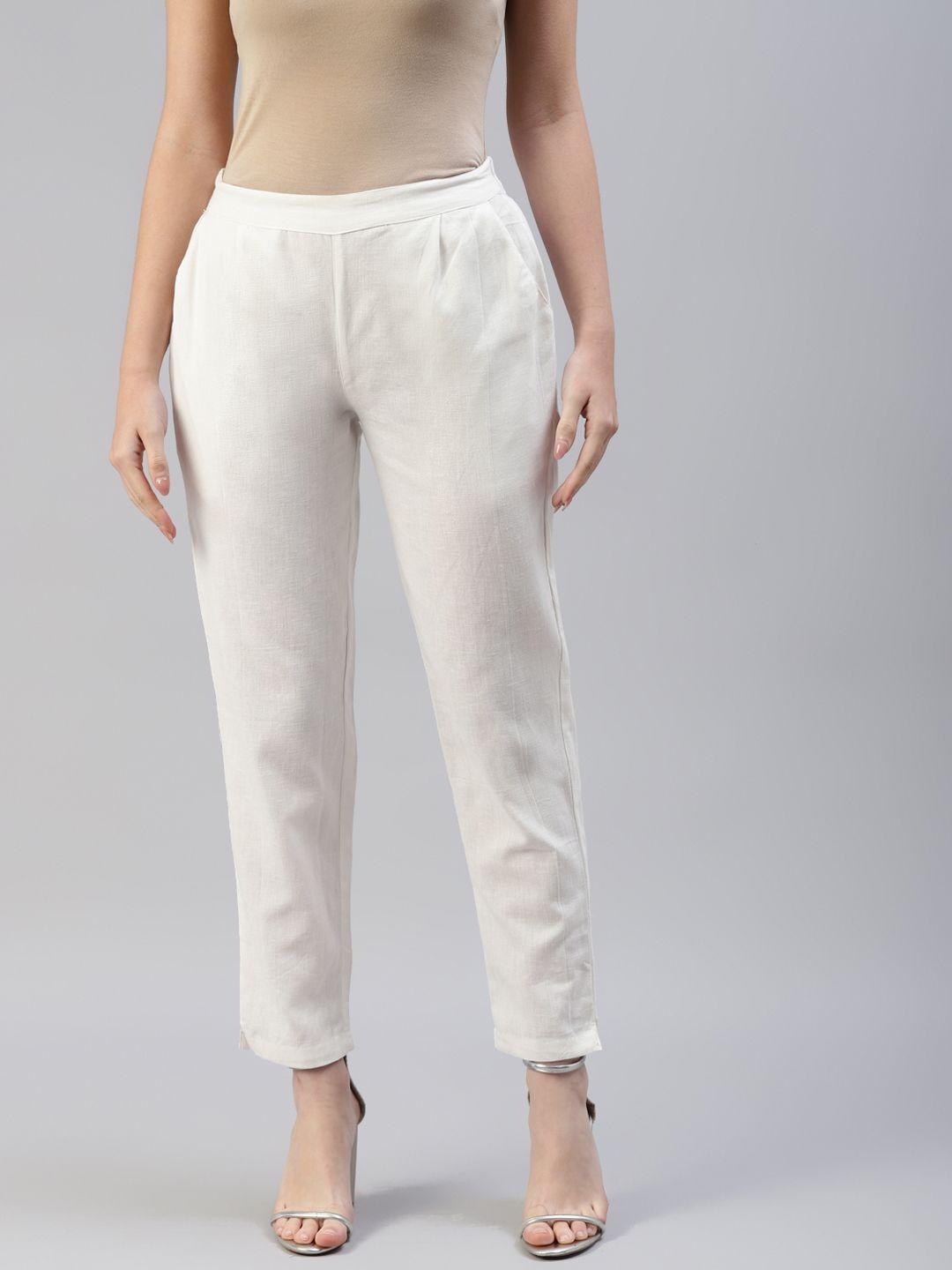 svarchi women white solid pleated trousers
