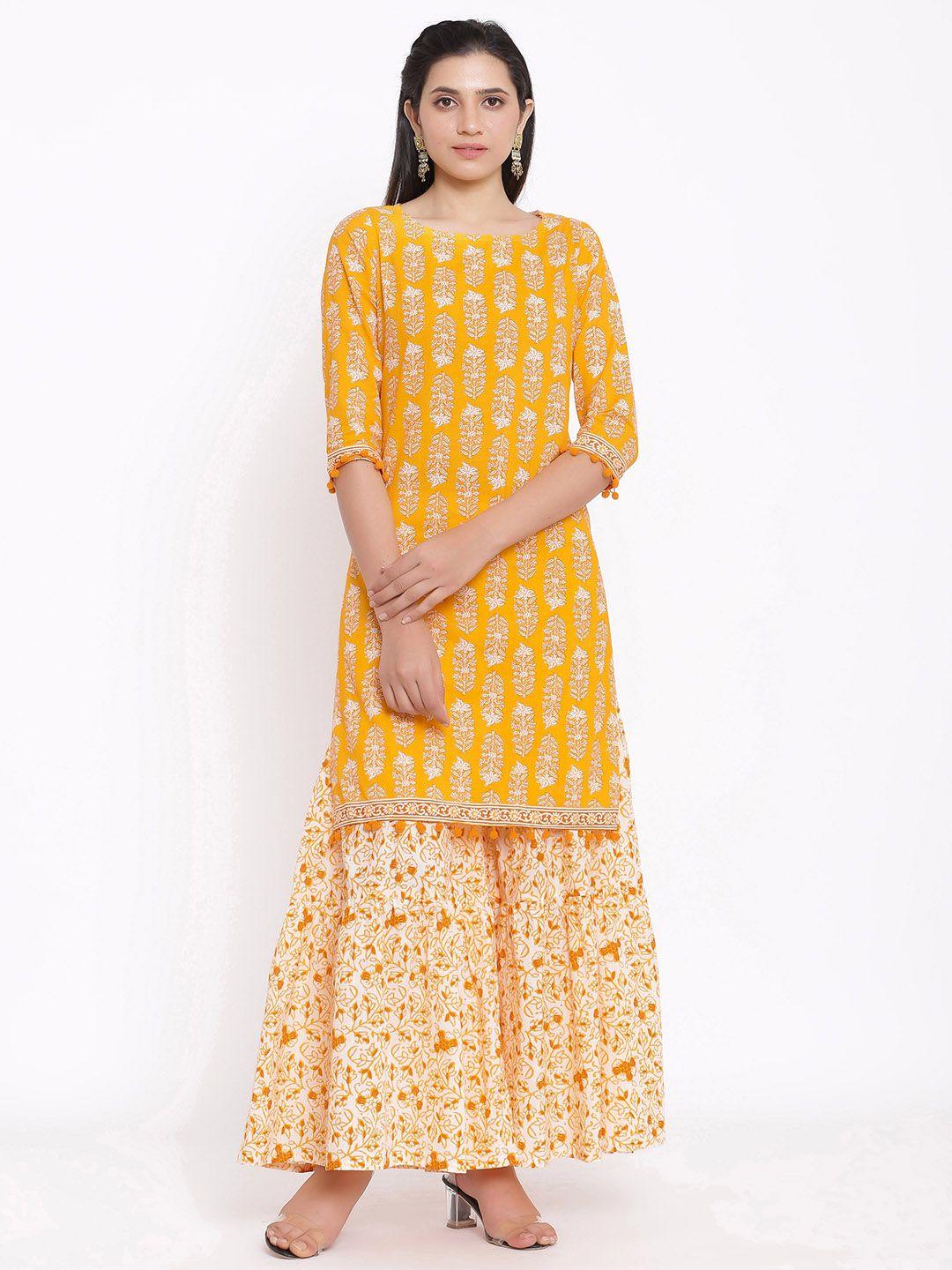svarchi women yellow floral printed kurta with sharara