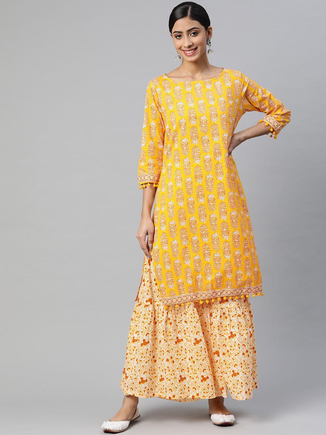 svarchi women yellow floral printed kurta with sharara