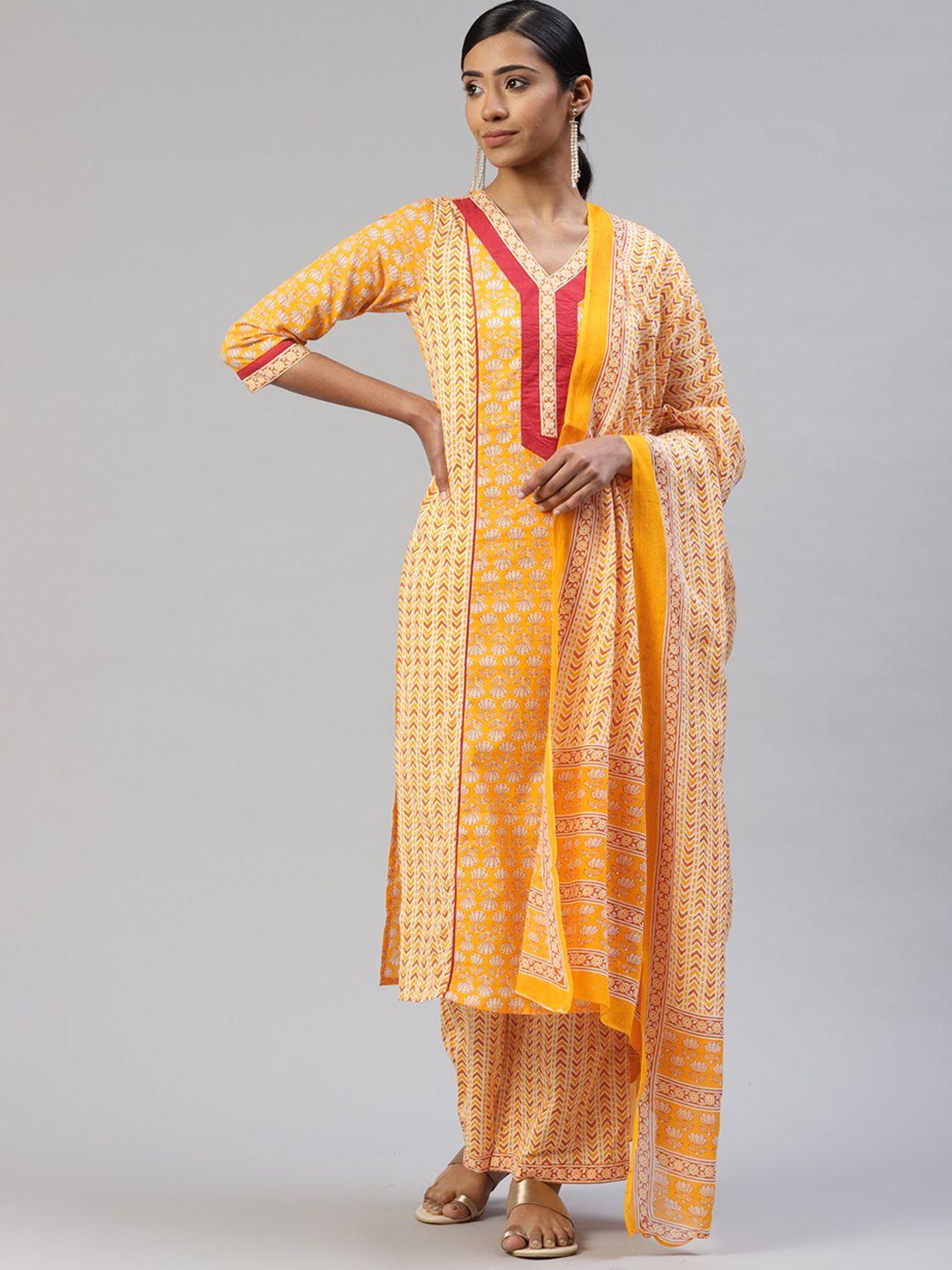 svarchi women yellow pure cotton ethnic motifs printed kurta with palazzos & with dupatta