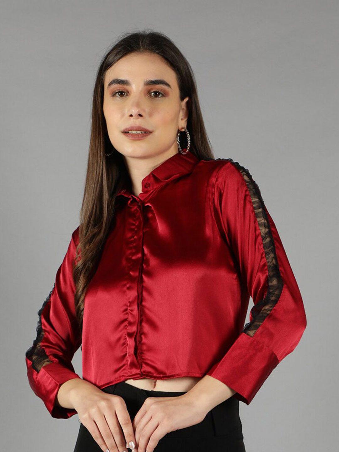 svelte couture full sleeve collared neck satin crop top