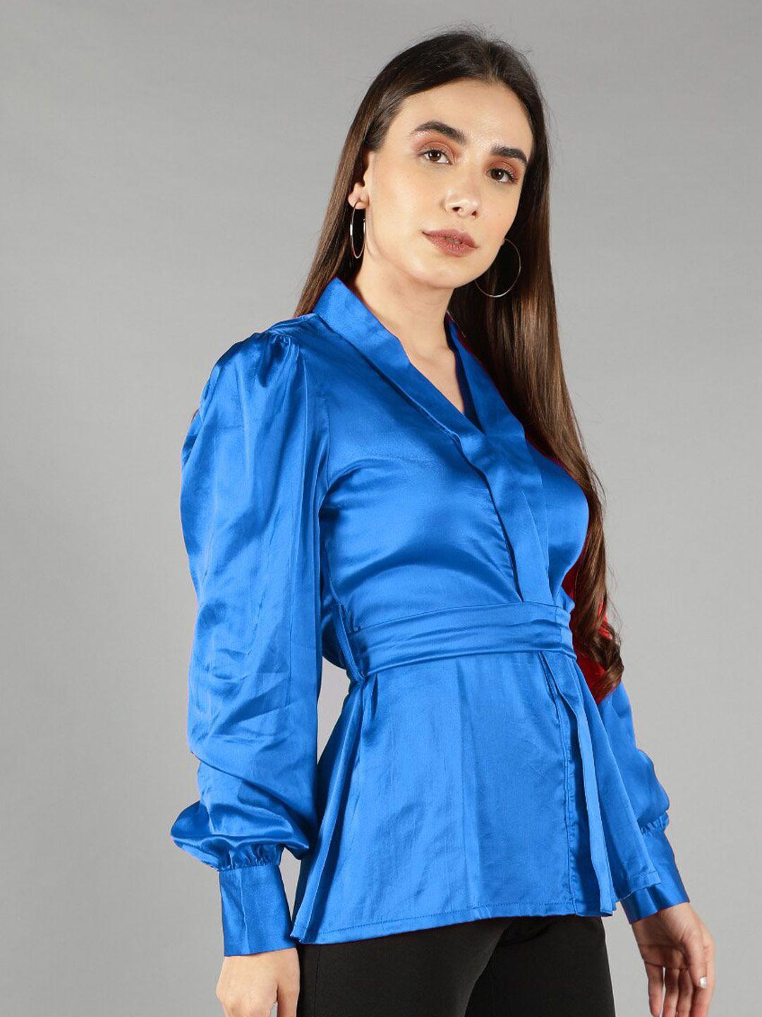 svelte couture surplice neck waist tie-ups puff sleeve belted satin shirt style top