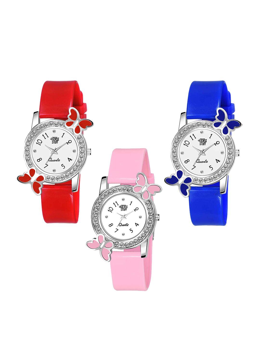 swadesi stuff boys set of 3 white analogue watches 2 bf red pink blue