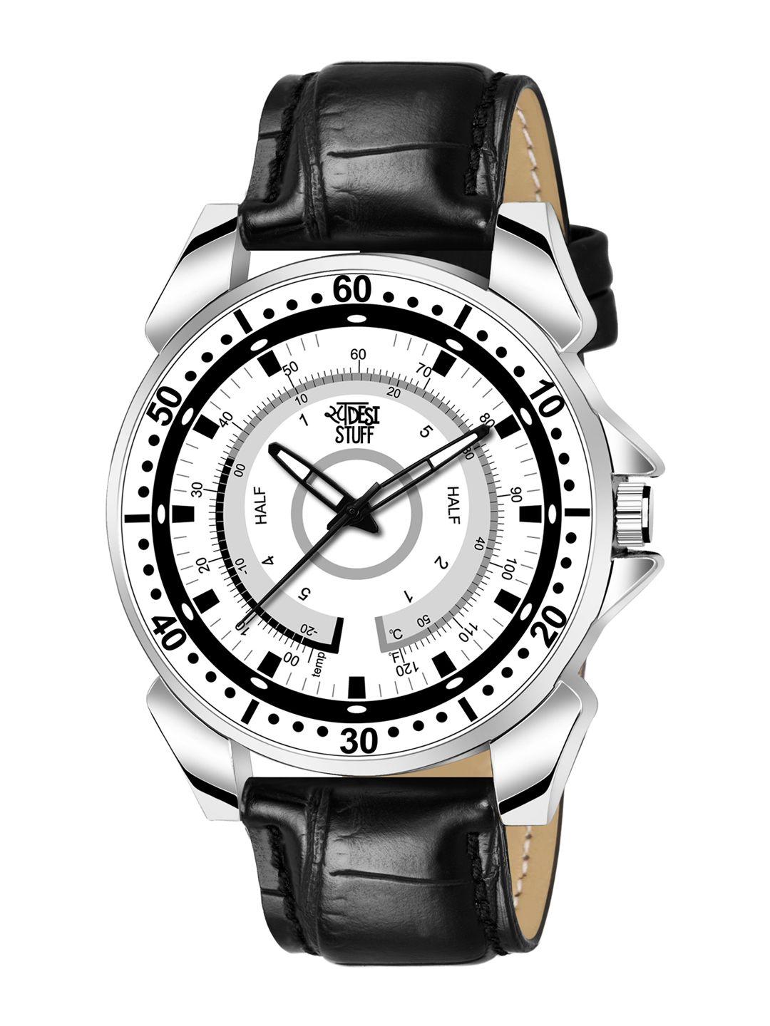 swadesi stuff boys white printed dial & black leather straps analogue watch