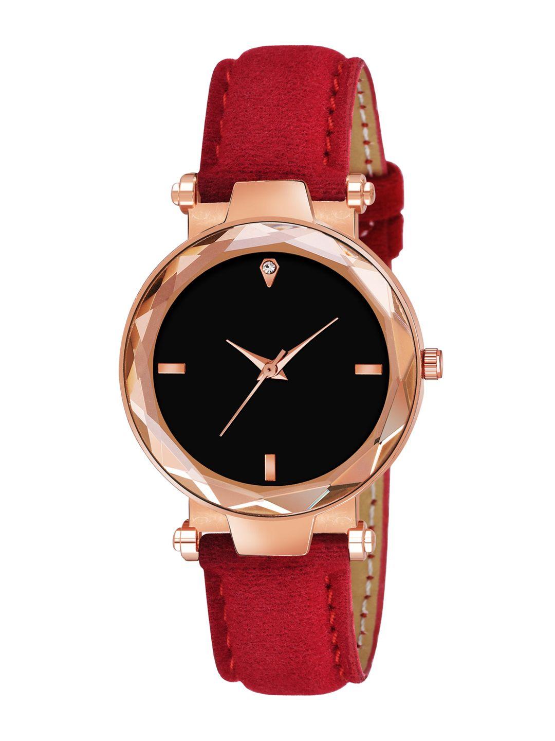 swadesi stuff women black dial & red leather straps analogue watch