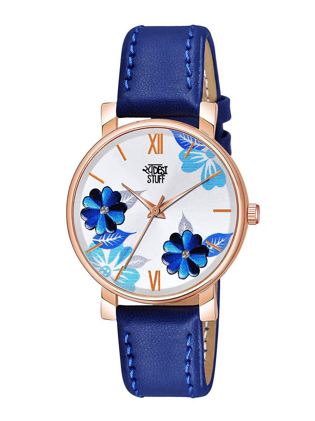 swadesi stuff women blue printed dial & blue leather straps analogue watch flower blue