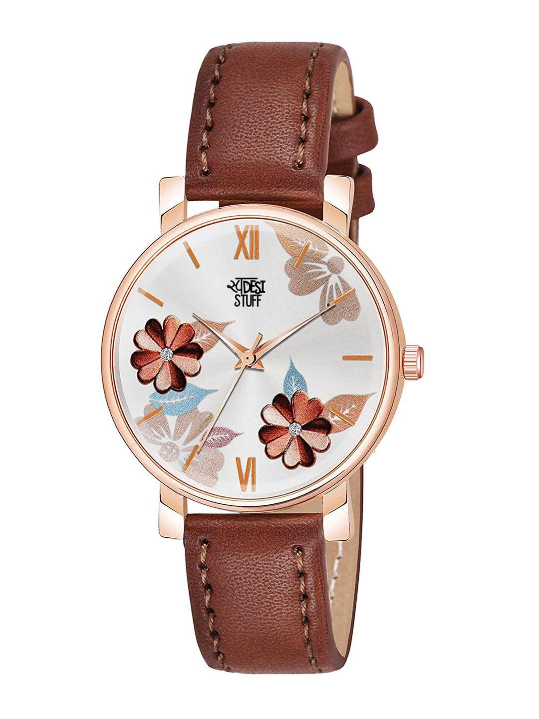 swadesi stuff women brown printed dial & brown leather straps analogue watch