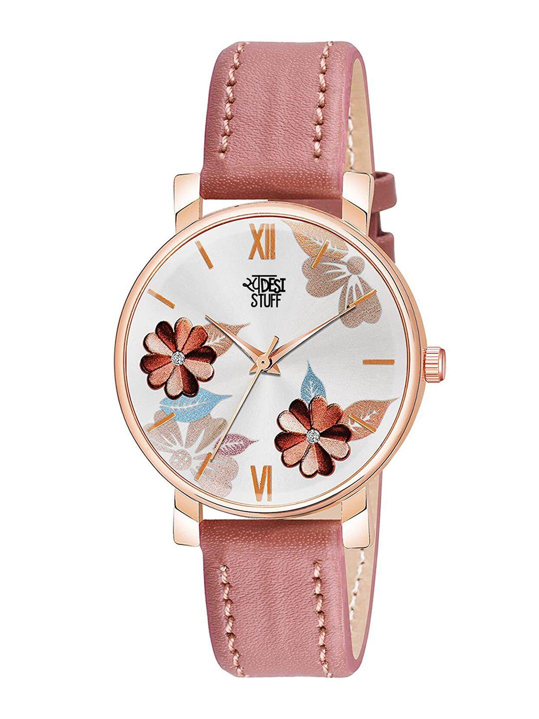 swadesi stuff women pink printed dial & pink leather straps analogue watch flower pink