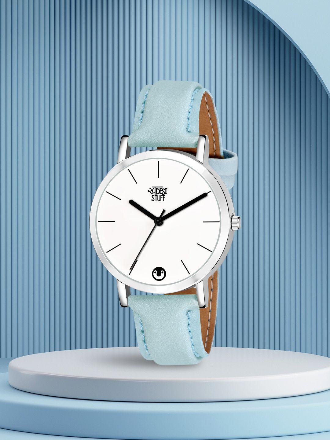 swadesi stuff women white dial & blue leather straps analogue watch