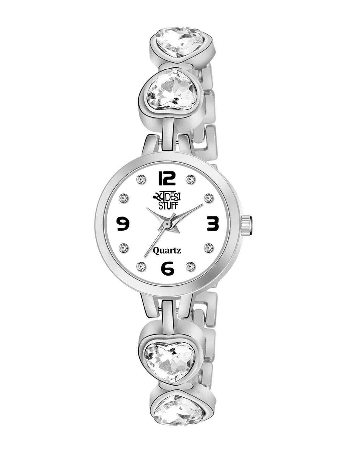 swadesi stuff women white dial & silver toned bracelet style straps analogue watch