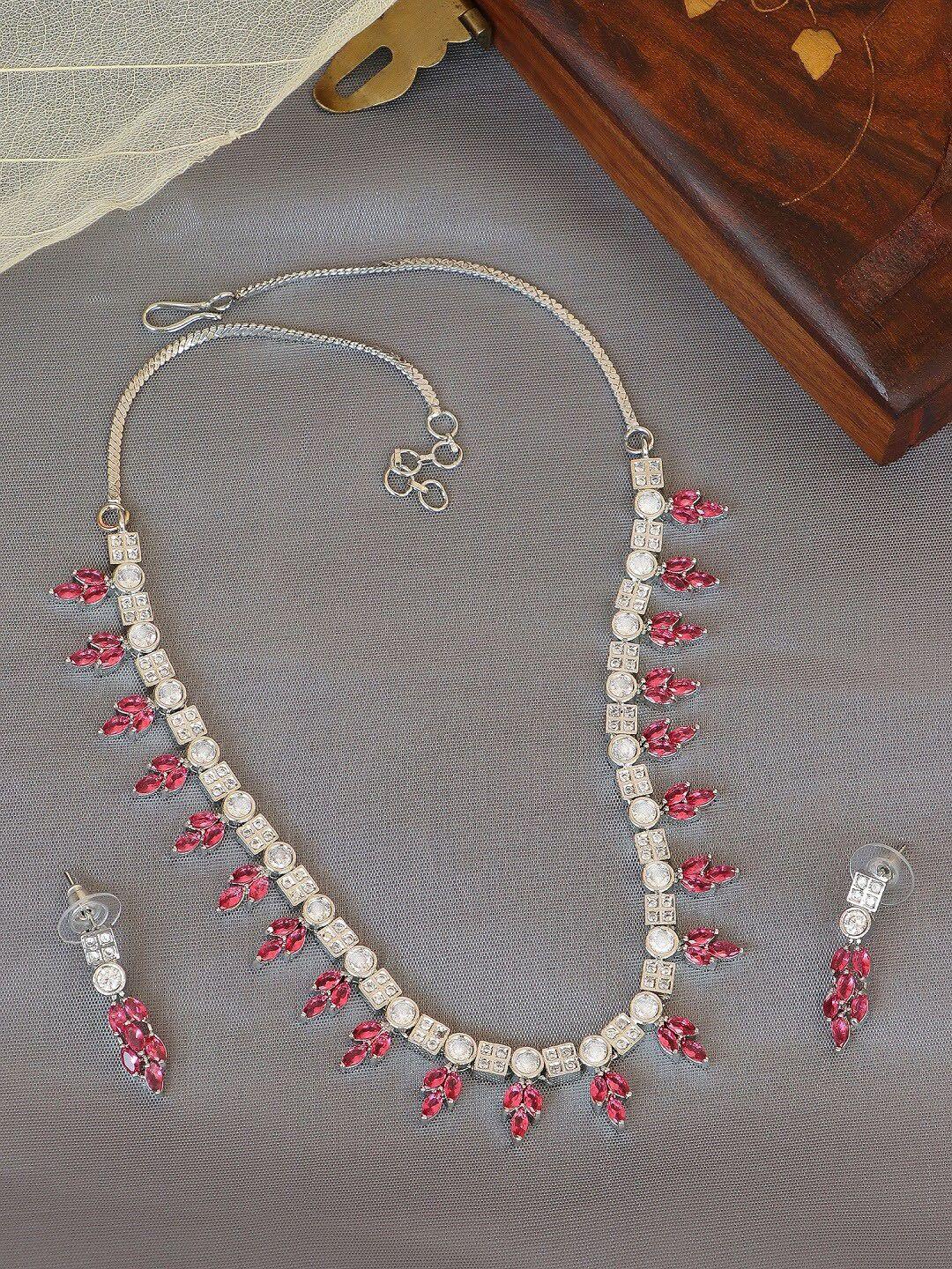 swadev silver-plated ad leaf ruby design studded jewellery set