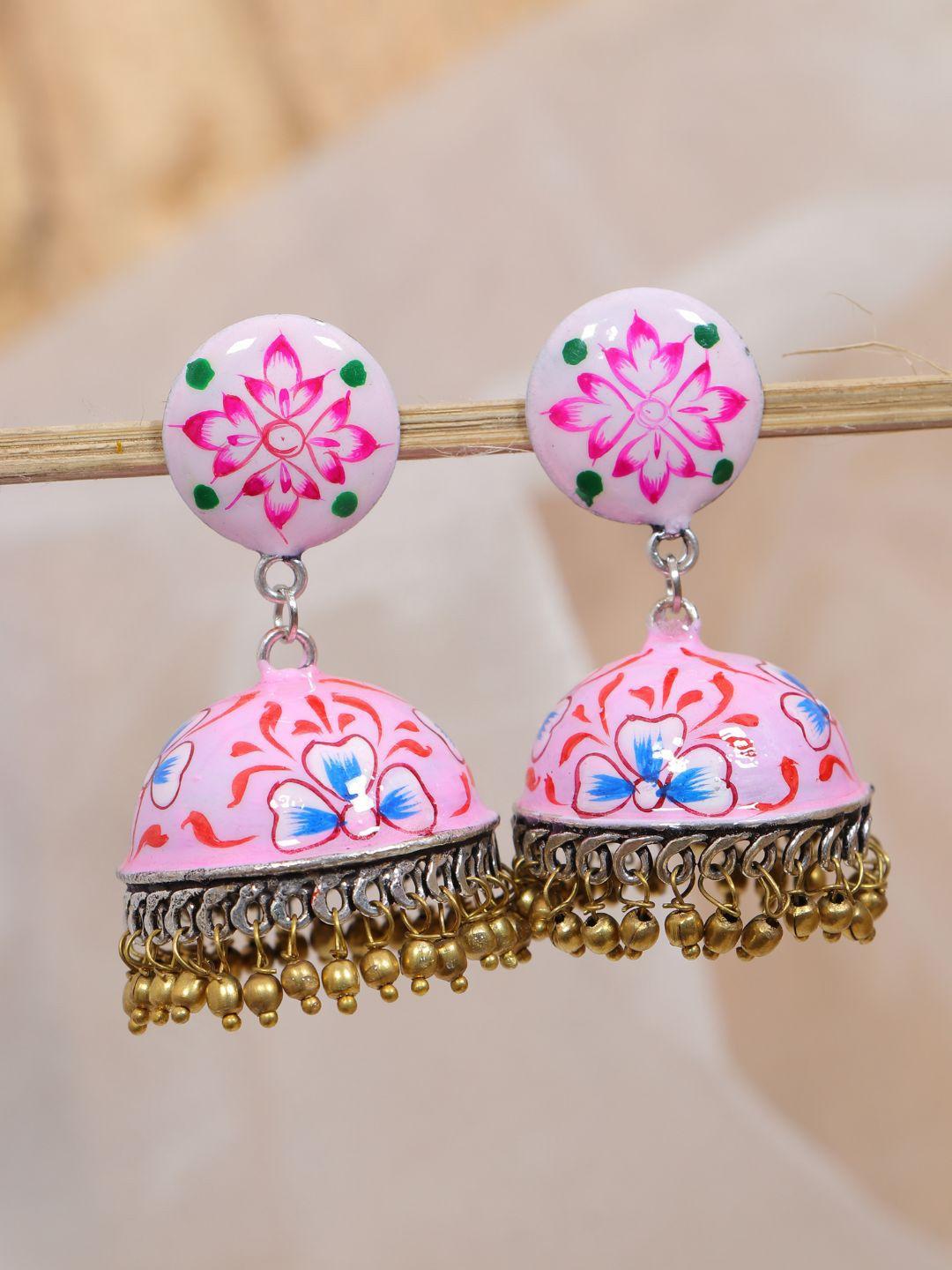 swadev women pink dome shaped meenakari jhumka earring