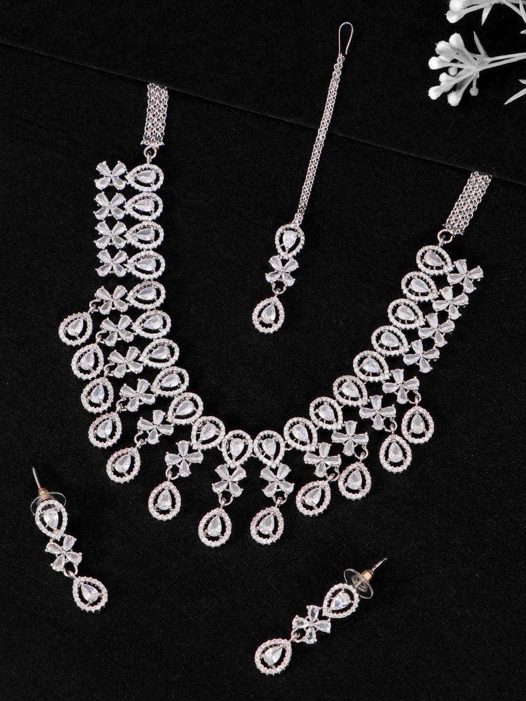 swadev women silver-plated white ad-studded & beaded jewellery set with maang tika