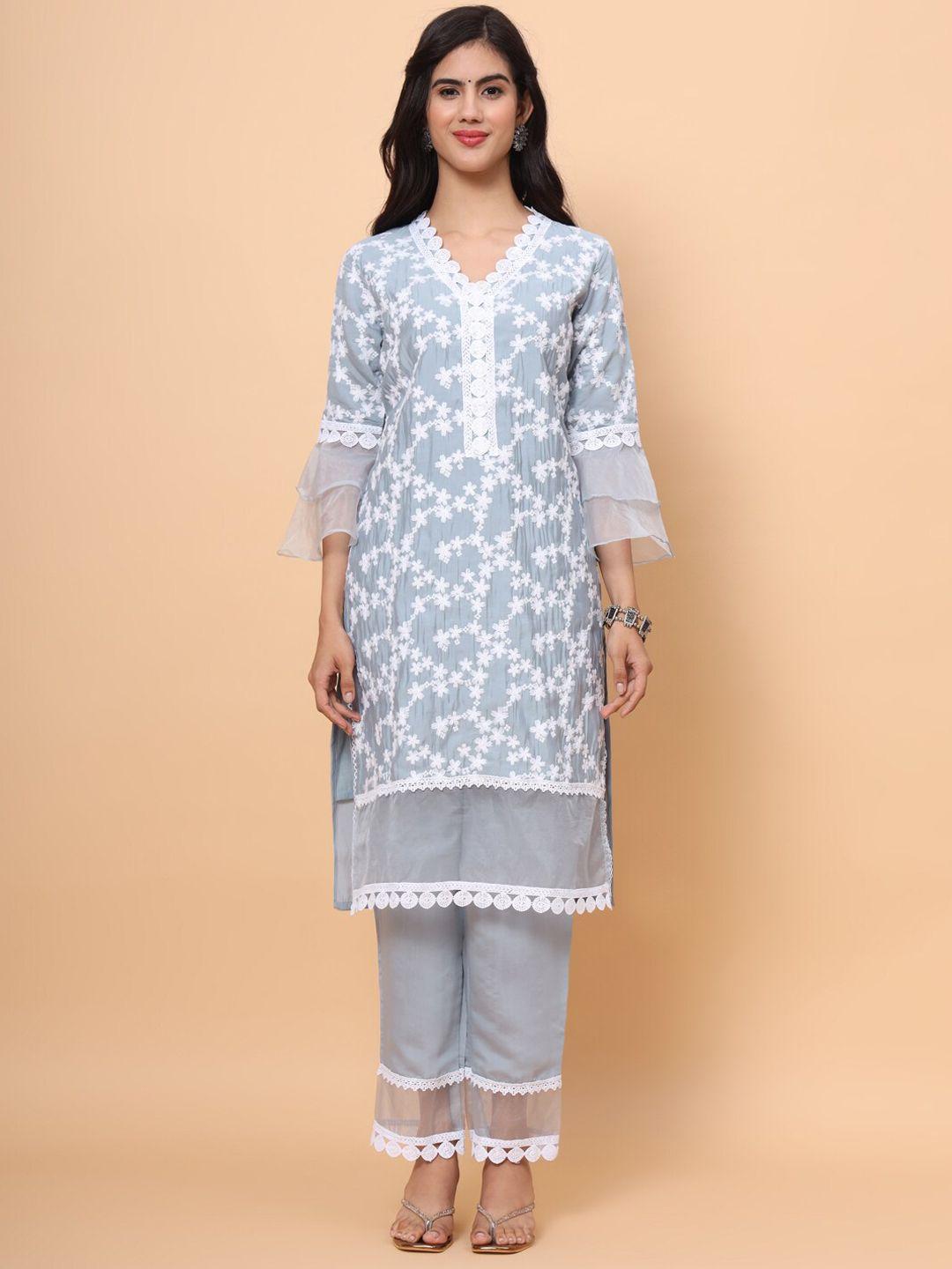 swagg india floral embroidered thread work straight kurta & trousers wwith dupatta