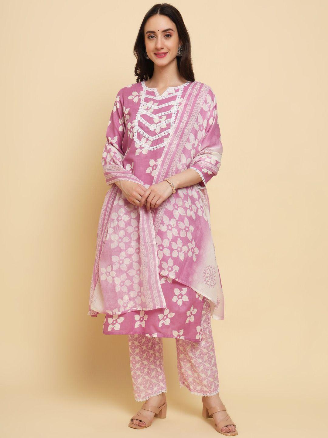 swagg india floral printed notched neck thread work kurta with trousers & dupatta