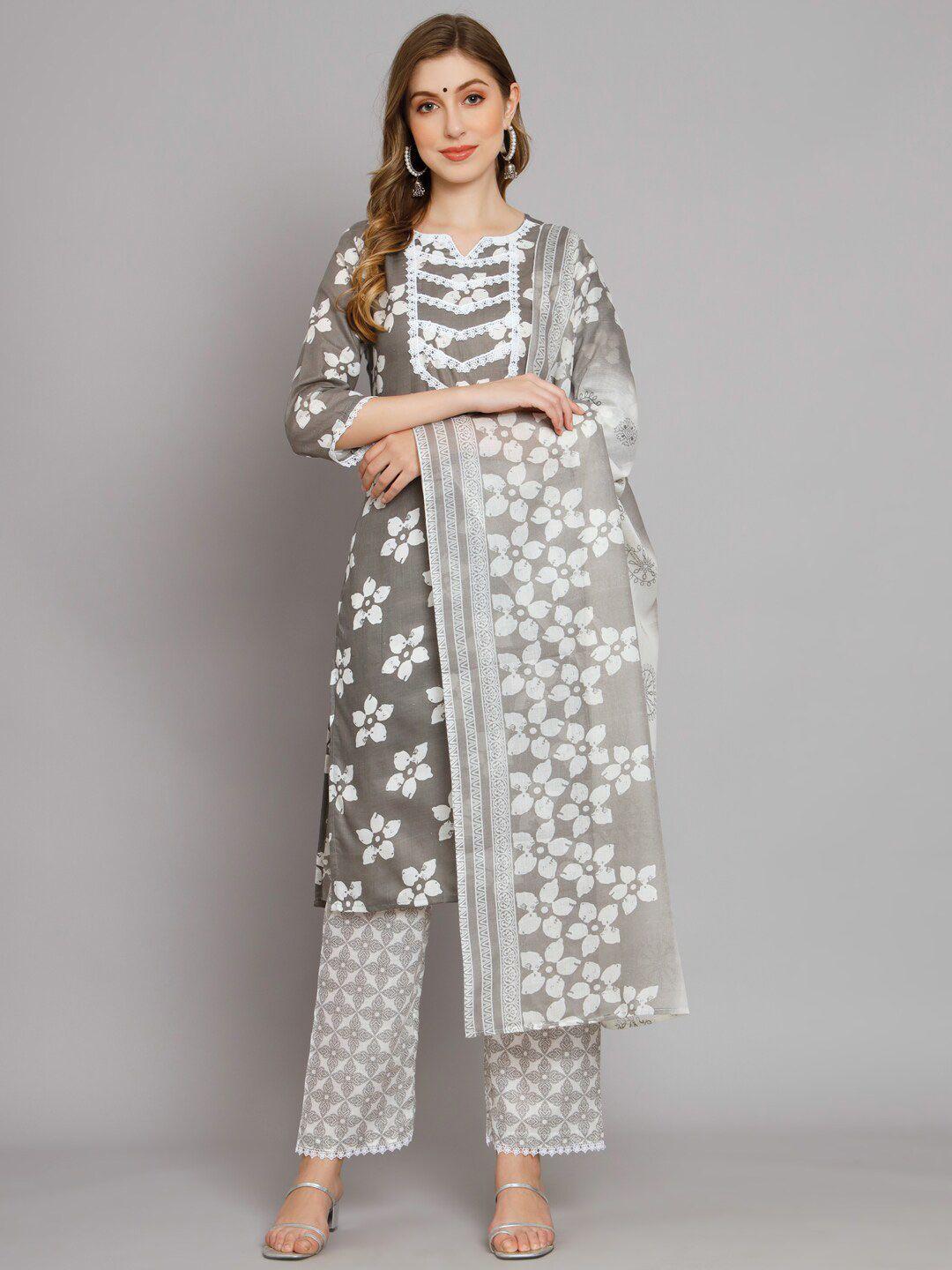swagg india floral printed regular thread work kurta with trousers & with dupatta