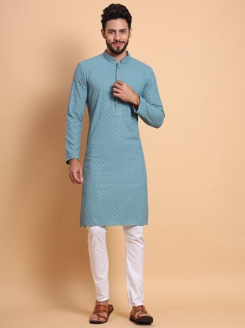 swagg india light blue regular fit embroidered kurta