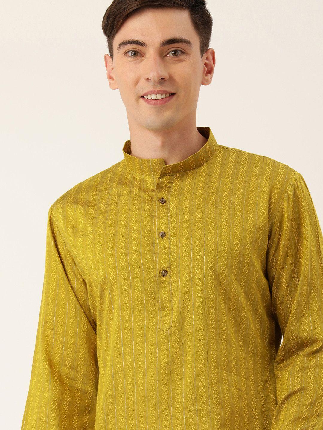 swagg india men mustard yellow geometric embroidered thread work kurta